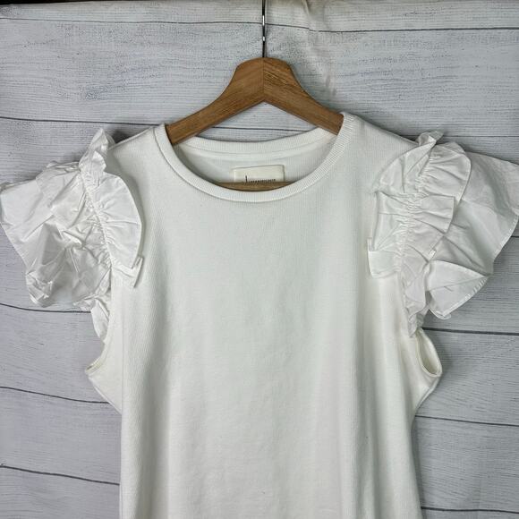 Anthropologie Womens size Large Ruffle Short Sleeve Ribbed Top White - Picture 3 of 8
